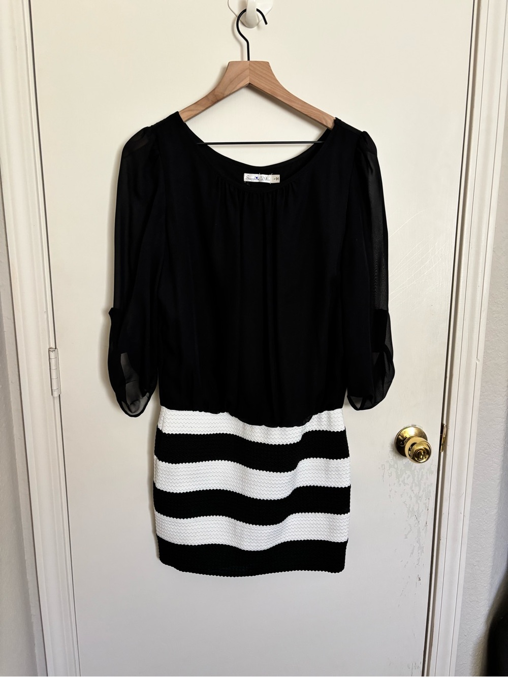 Elegant Black Blouson Top with Black & White Striped Skirt Prom Dress